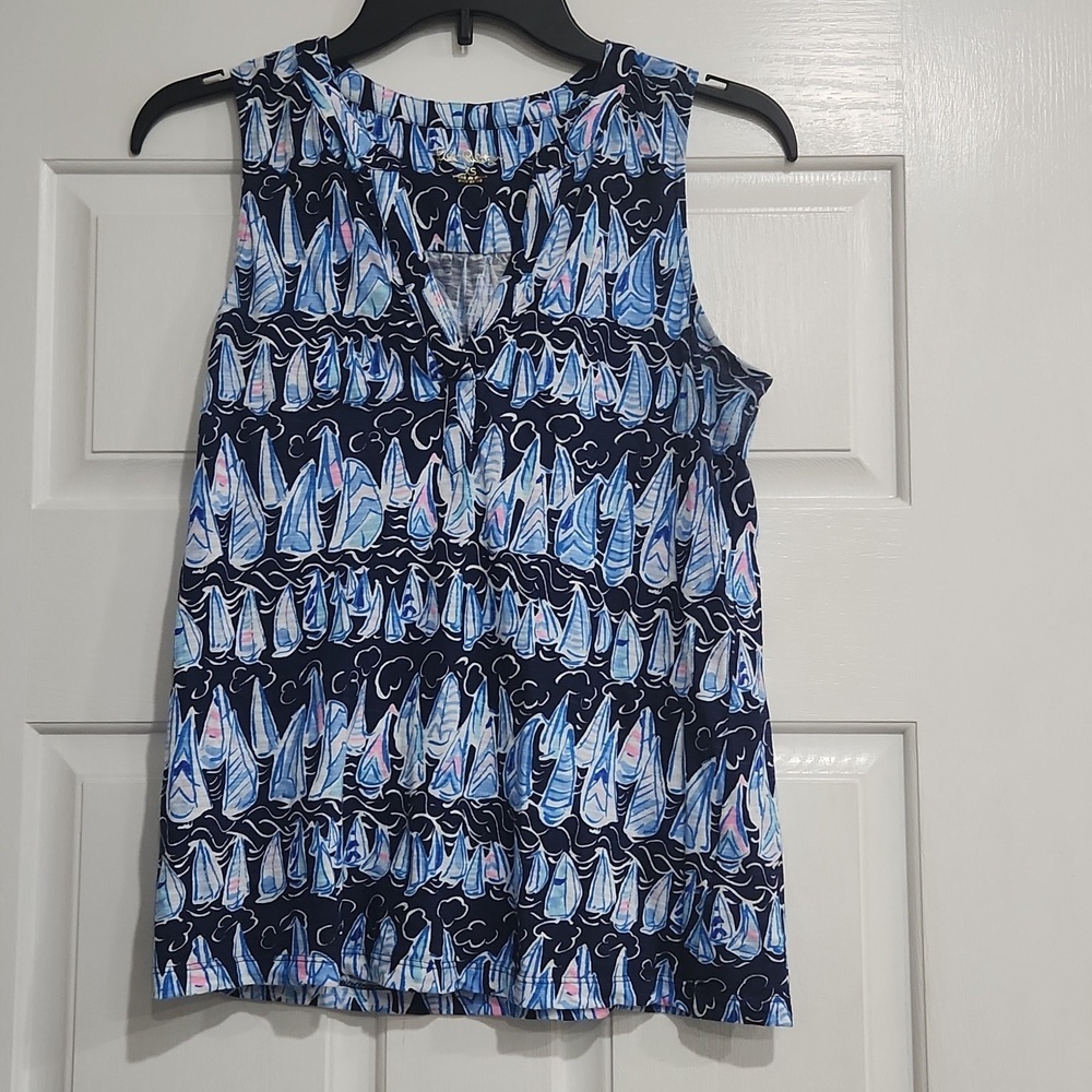 LILLY PULITZER LOW TIDE NAVY SAILS AND STRIPES DEV TOP XS